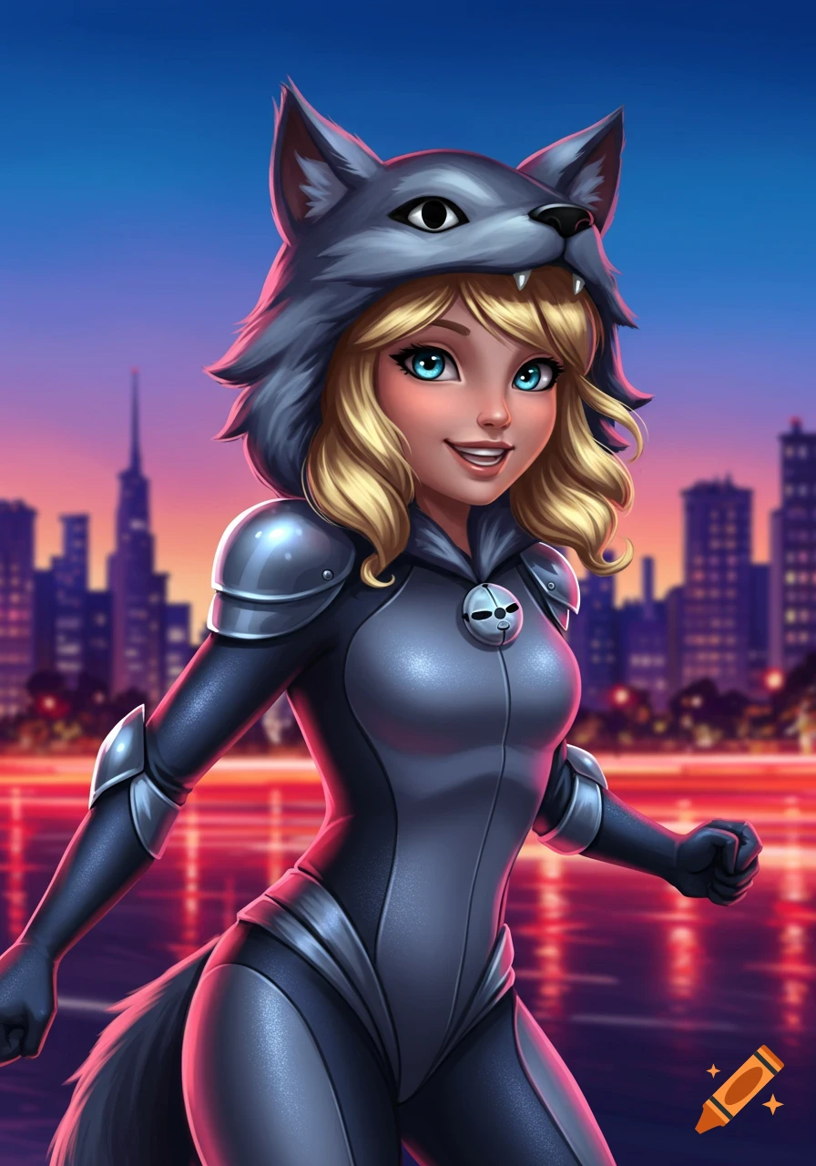 Smiling blonde girl in a grey wolf superhero suit with a wolf-head hood, standing before a vibrant city skyline at sunset in a cartoon style.