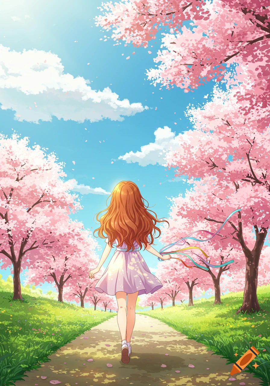 Anime girl with long wavy hair walking down a path lined with pink cherry blossom trees under a blue sky.