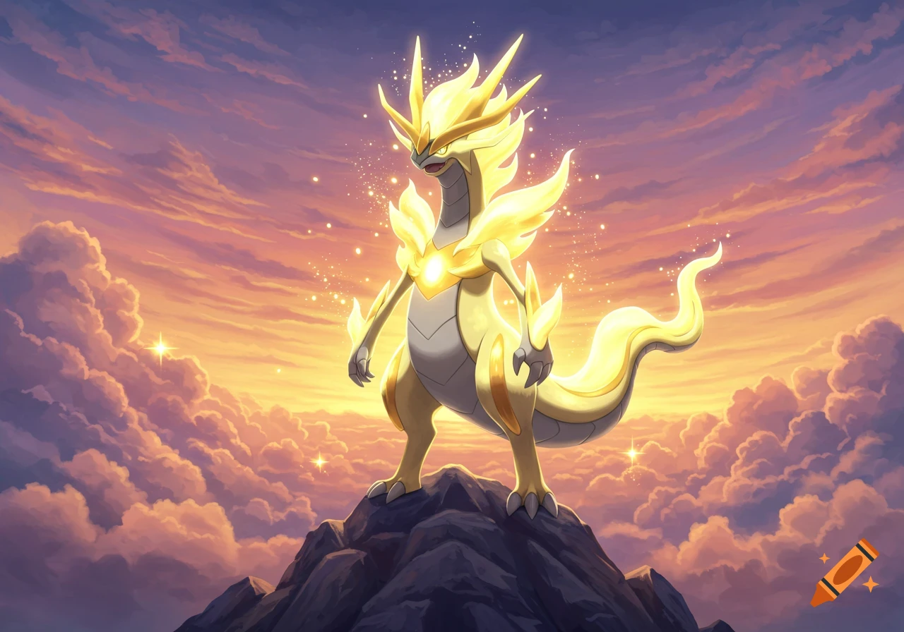 A golden, dragon-like Pokémon stands triumphantly on a mountain peak at sunset, surrounded by glowing particles.