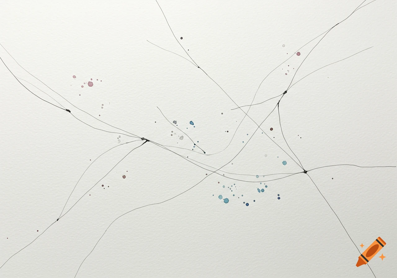 Abstract drawing with thin black lines crisscrossing a white background, accented by faint pink and blue watercolor splatters.