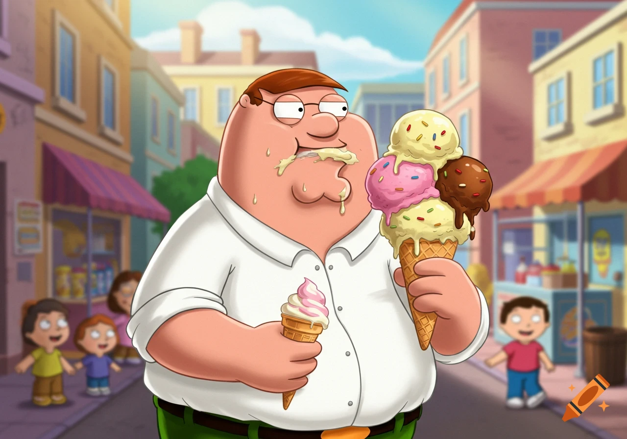 Peter Griffin from Family Guy, covered in melting ice cream, holds a huge cone and a smaller one on a sunny street.