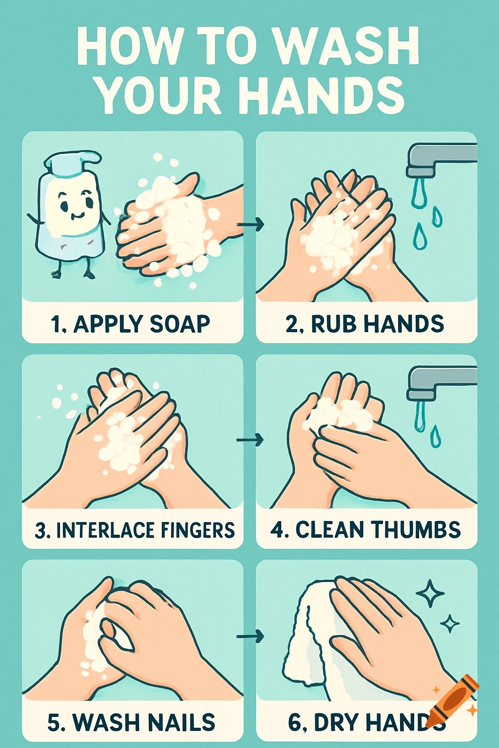 Cartoon infographic illustrating 6 steps for handwashing: apply soap, rub, interlace fingers, clean thumbs, wash nails, dry hands.