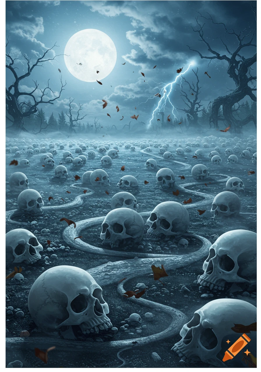 A vast, moonlit field is covered with human skulls and winding paths, under a stormy sky with lightning and dark, gnarled trees.