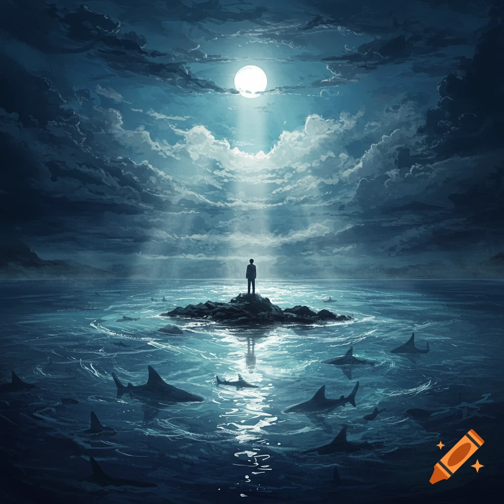 A solitary figure stands on a rock in a moonlit ocean, surrounded by sharks, under dramatic cloudy skies, in a painterly style.