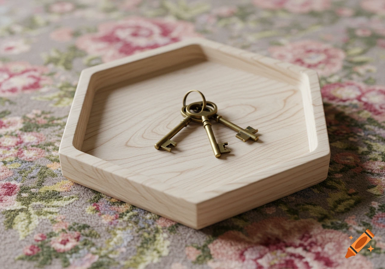 A hexagonal light wood tray with three antique brass keys rests on a floral patterned carpet.