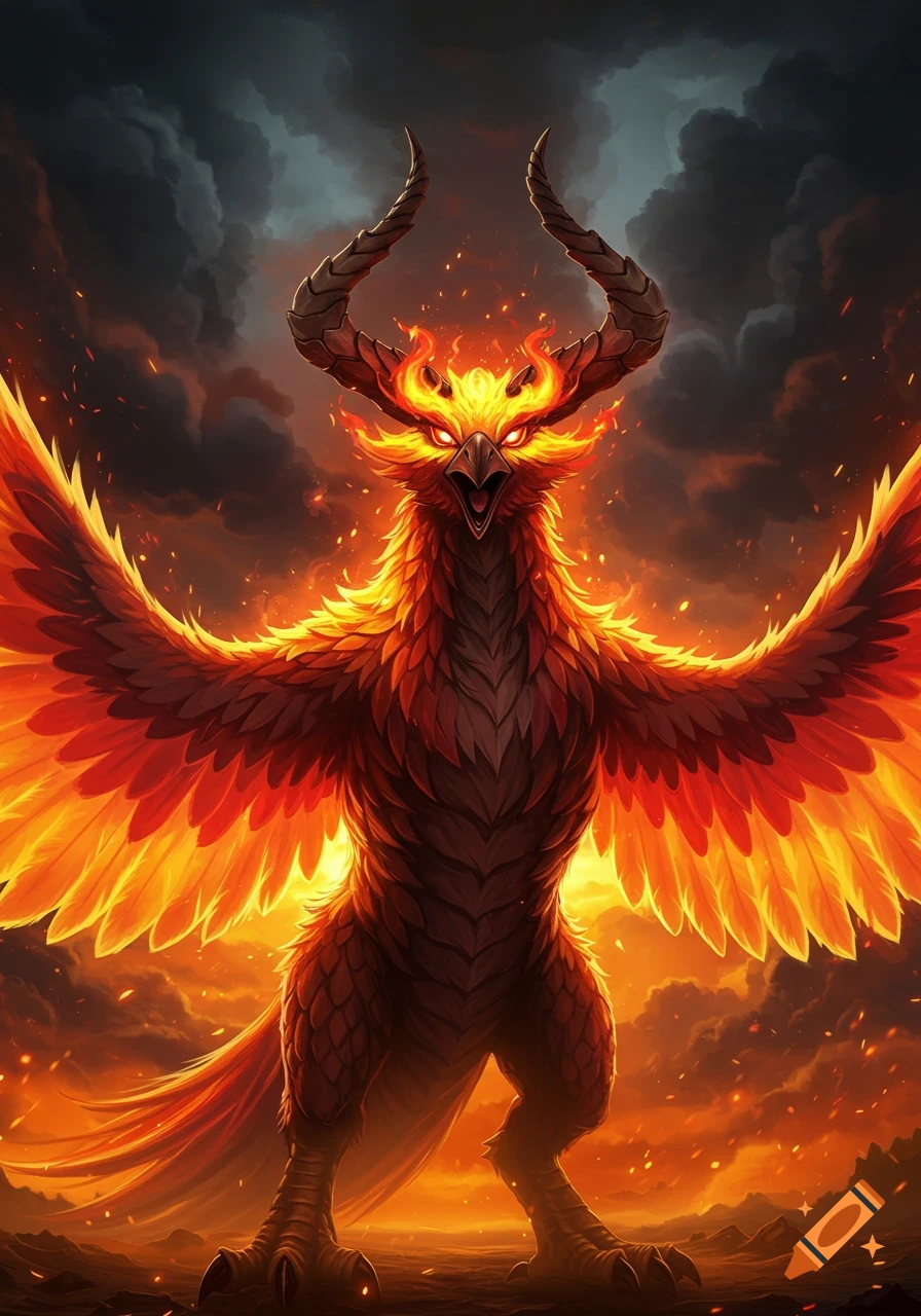 A horned, fiery phoenix-like bird monster with outstretched wings stands against a dark, smoke-filled background with embers.