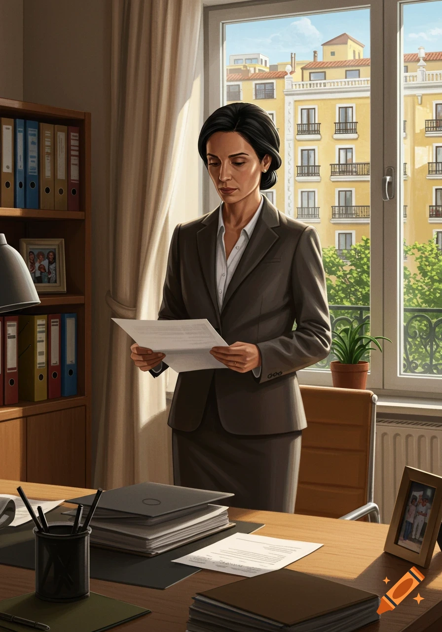 An illustrated professional woman in a suit stands in an office, reading documents, with a city view from the window.