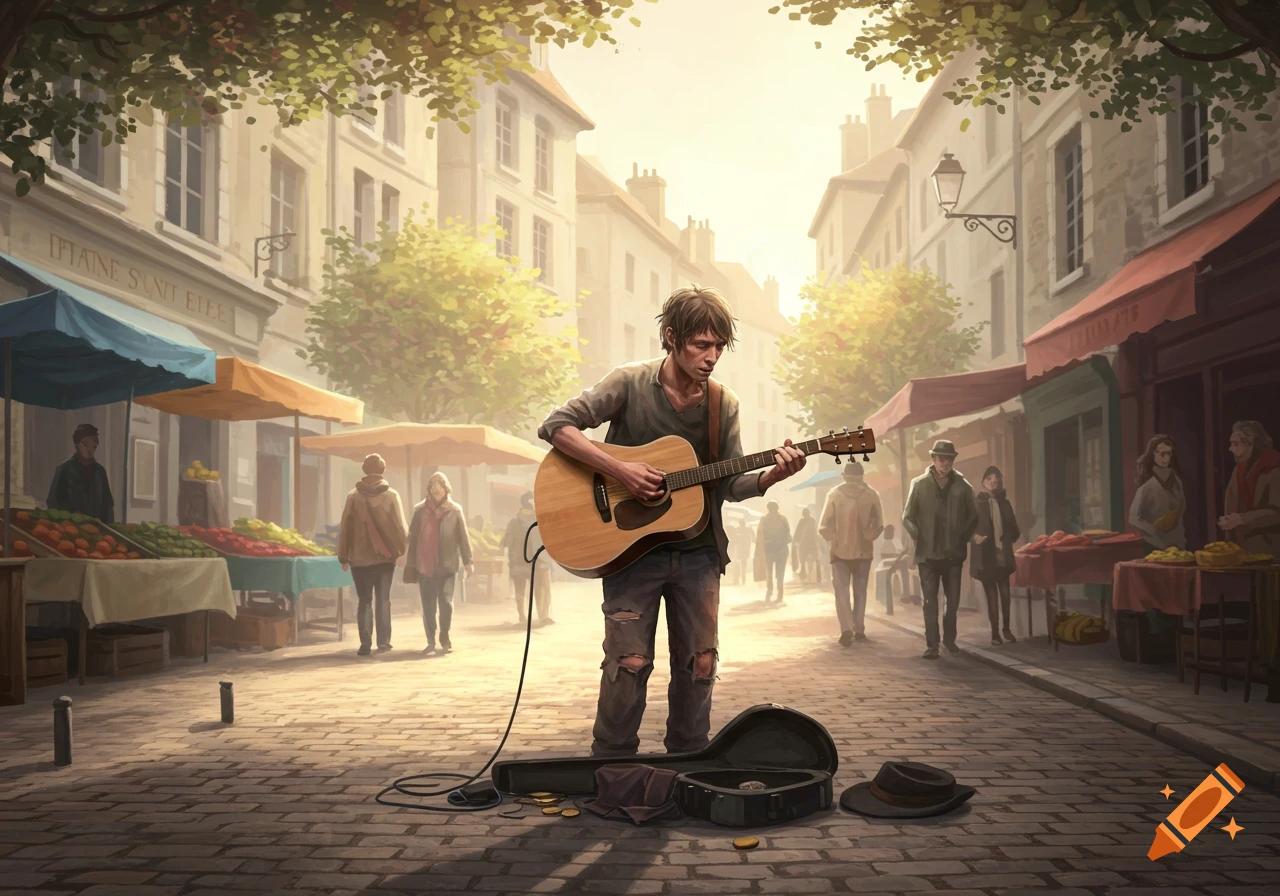 A busker plays an acoustic guitar on a cobblestone street in a bustling European market, with an open guitar case for donations.