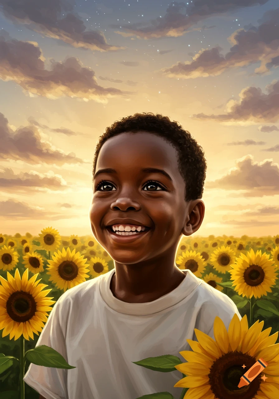 Smiling black boy looking up in a vibrant, illustrative sunflower field under a cloudy sunset sky with subtle stars.
