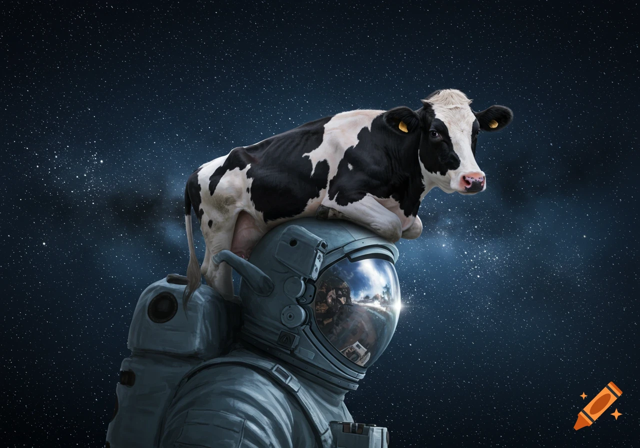 A photorealistic image of a black and white cow sitting on an astronaut's helmet in outer space with stars.