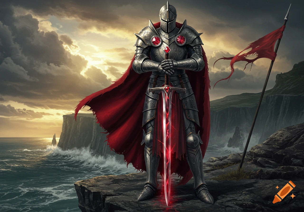 A knight in gleaming silver armor and a torn red cape stands on a cliff overlooking a stormy sea, holding a glowing red sword.