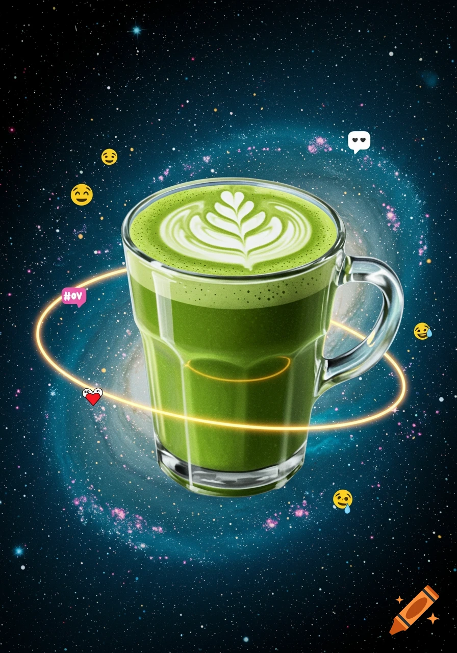 A vibrant green matcha latte with latte art in a glass cup, surrounded by a glowing yellow ring and emojis, floats against a starry galaxy background.