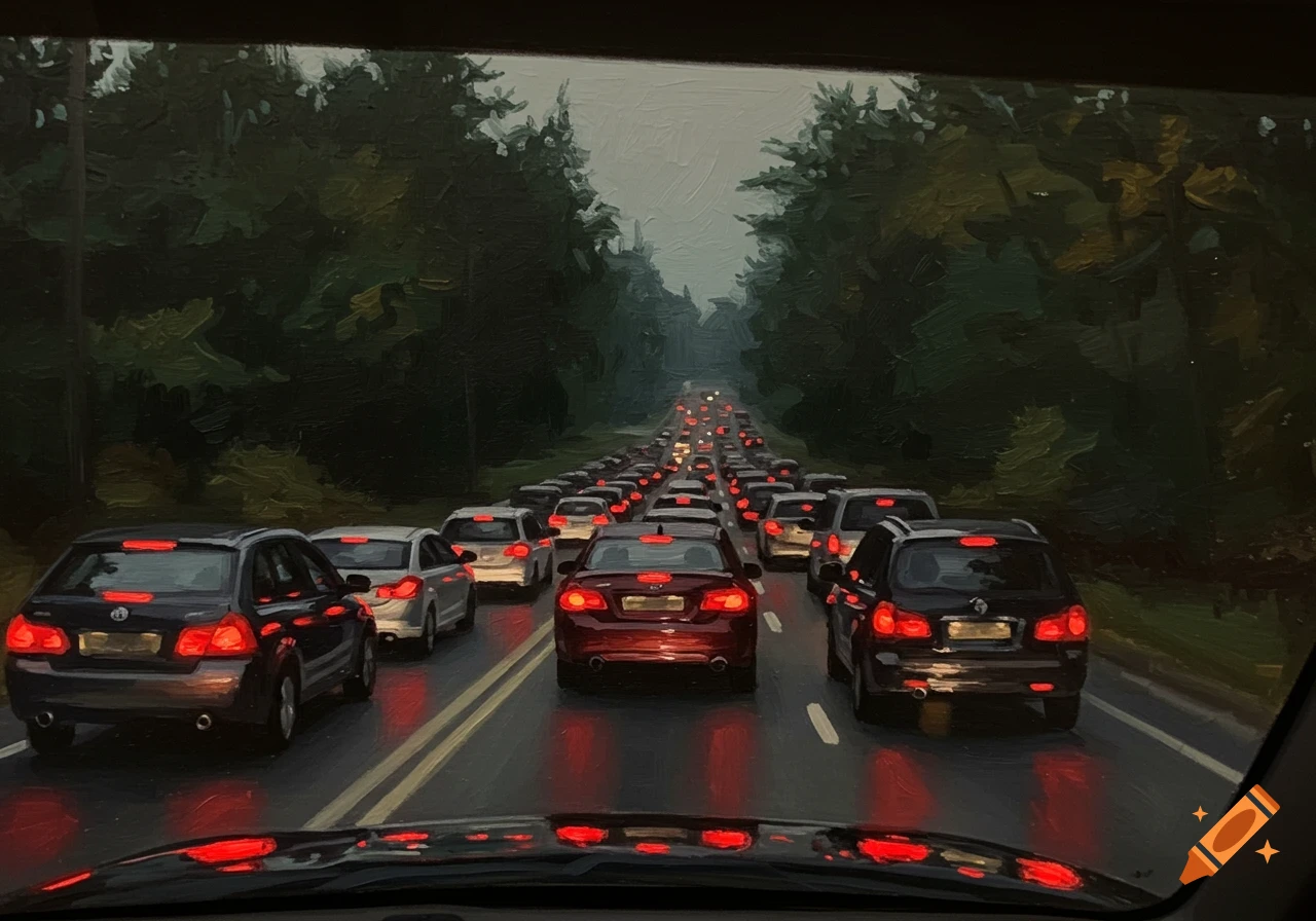 Oil painting of a dark, tree-lined road with a heavy traffic jam at dusk, seen from a car. Many red brake lights glow on the wet asphalt.