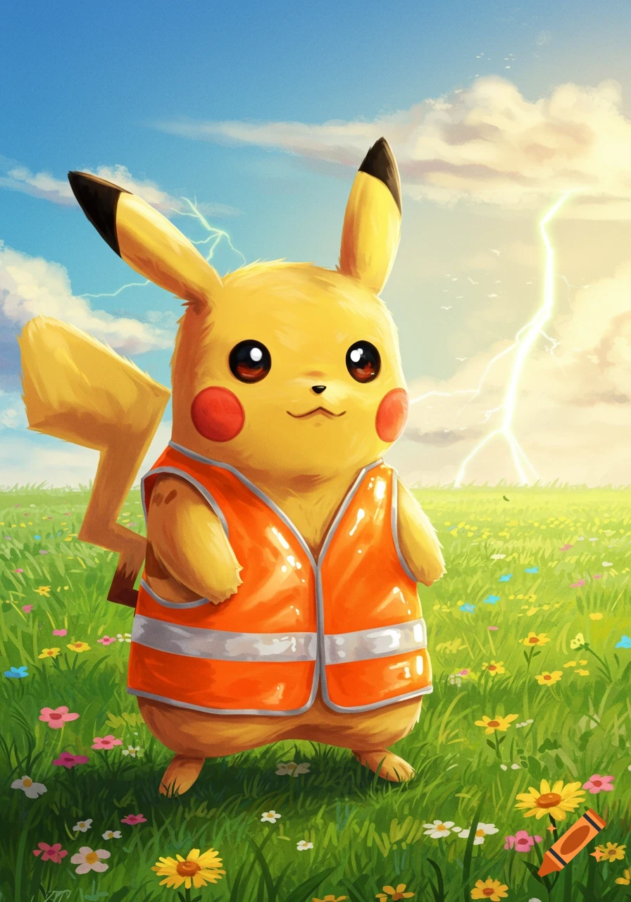 A cartoon Pikachu wearing an orange safety vest stands in a grassy field filled with colorful flowers as lightning strikes in the distance.