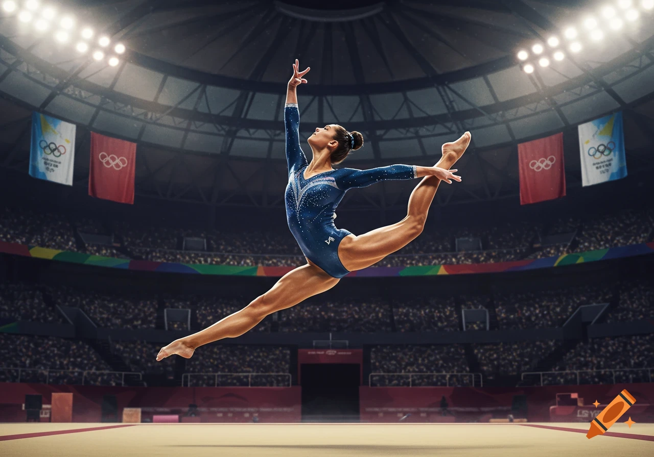 A female gymnast in a blue leotard leaps gracefully in a large, well-lit stadium during an Olympic event.