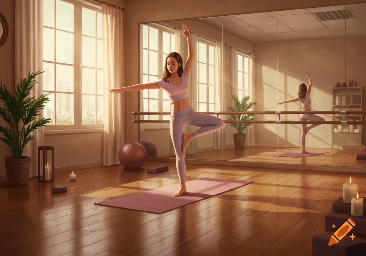 A young woman in lavender yoga wear performs a tree pose on a pink mat in a sunny studio with a wooden floor and large mirror.