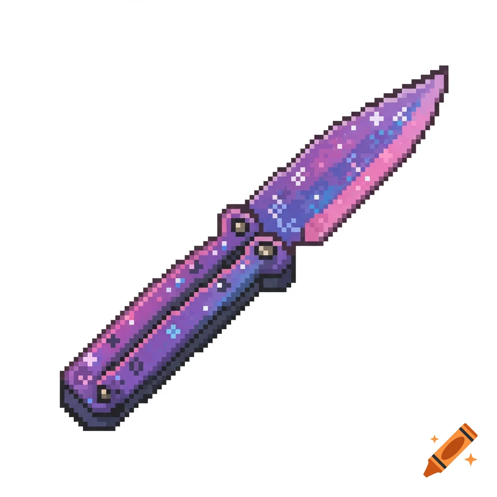 Pixel art butterfly knife with purple, pink, and blue galaxy patterns and stars.