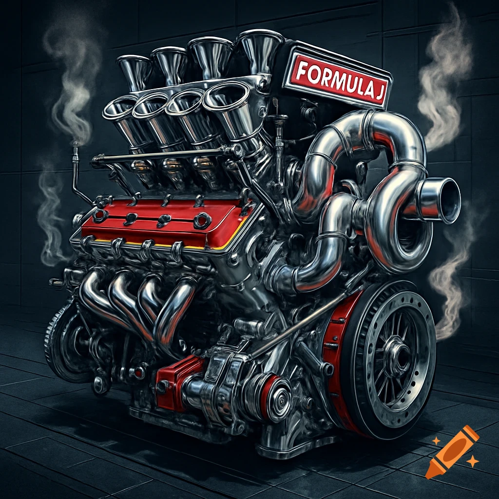 A highly detailed, chromesteel Formula-style race car engine with red accents and exhaust smoke against a dark background, photorealistic style.