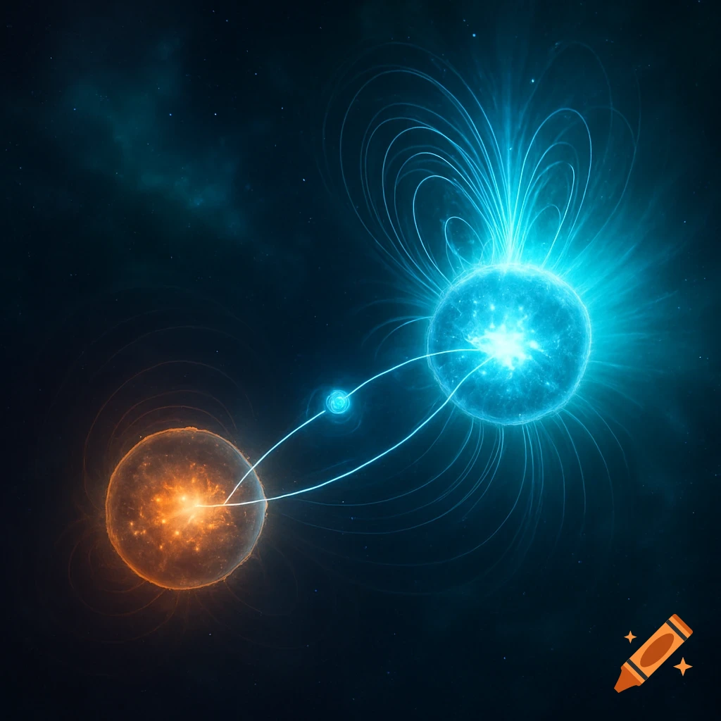 Two glowing spheres, one blue with radiating lines and one orange, connected by a bright line in dark cosmic space.