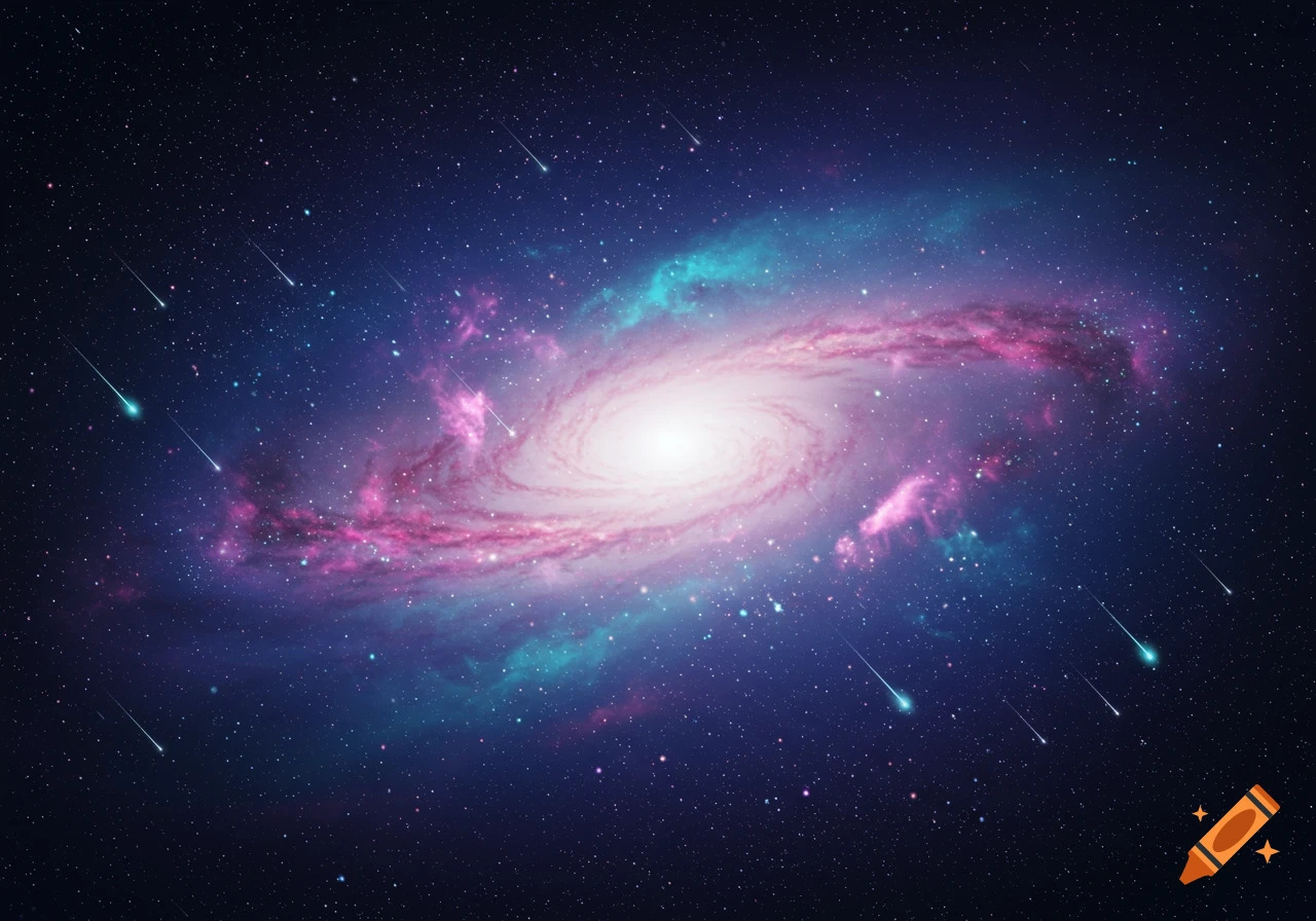 A vibrant spiral galaxy with pink and teal arms, set against a dark, star-filled cosmos with several streaking meteors.