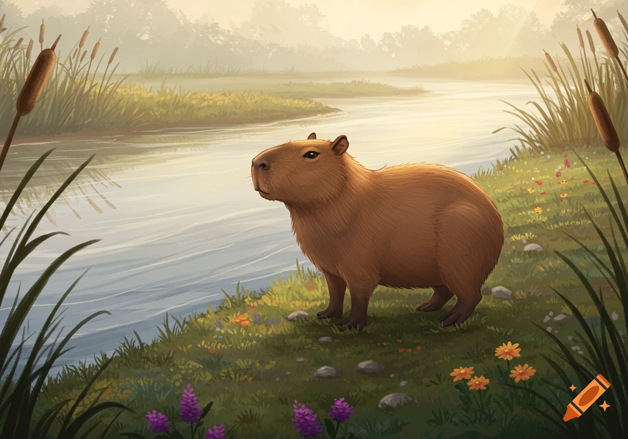 A capybara stands on a grassy riverbank at sunrise, surrounded by wildflowers and tall reeds, with a river flowing into the misty distance.