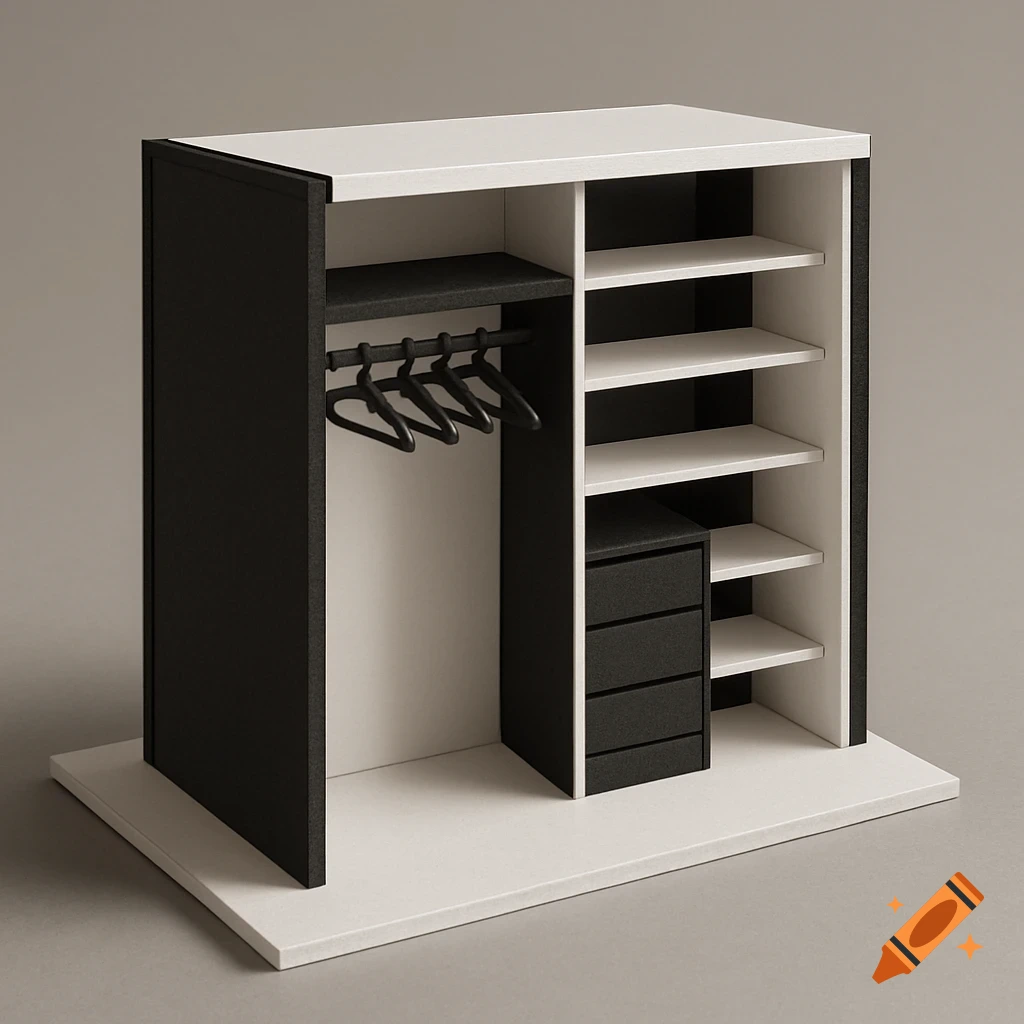 Black and white architectural model of an open closet with hanging space, multiple shelves, and drawers.