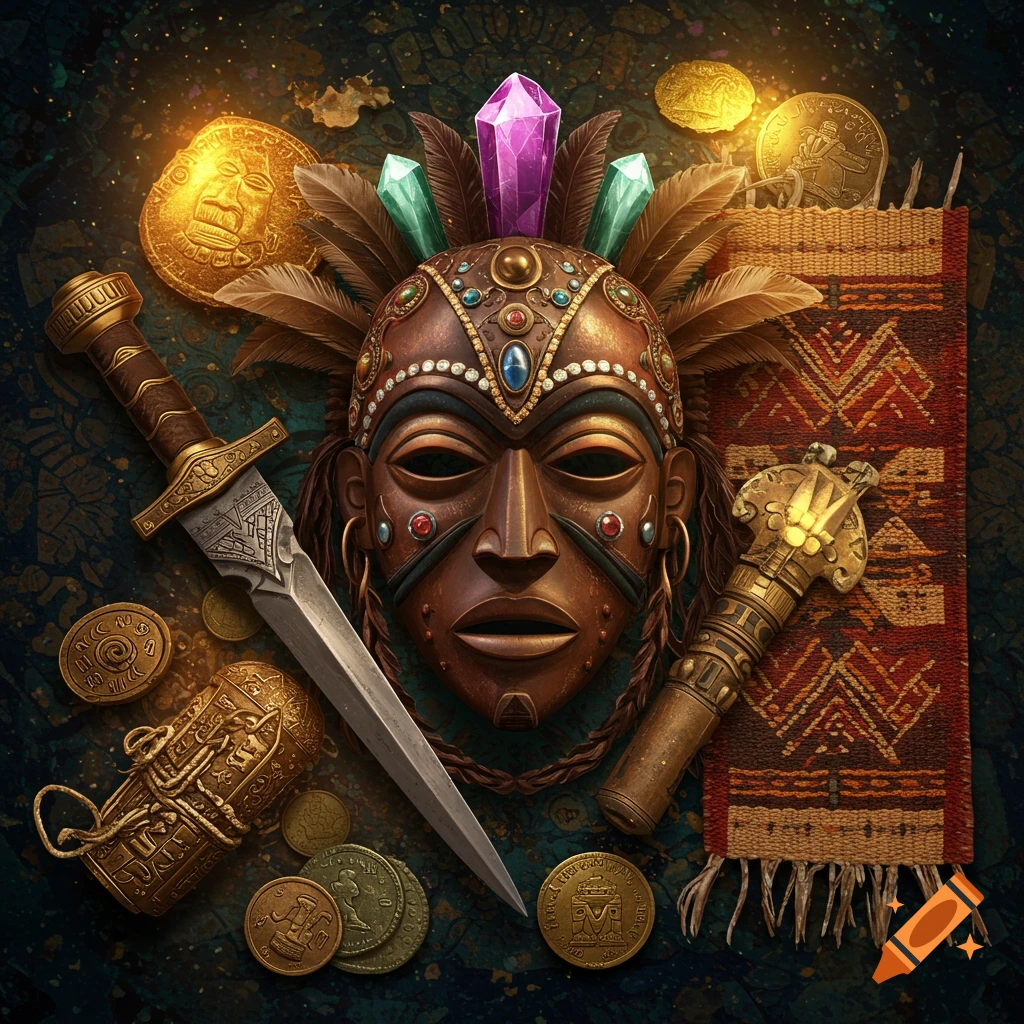 A detailed tribal mask with feathers and jewels, a dagger, antique gold and silver coins, and a patterned woven cloth on a dark background.