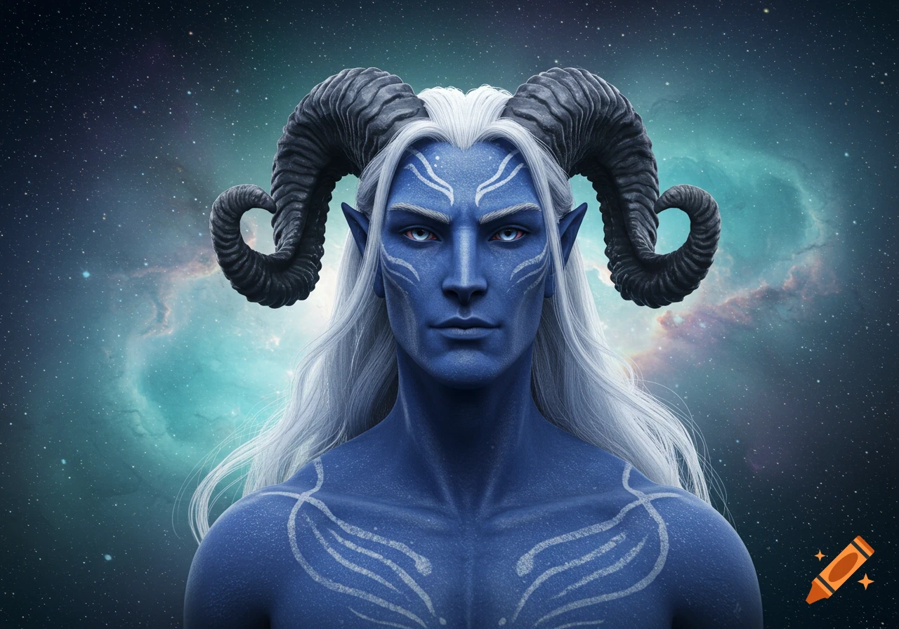 A handsome blue-skinned alien with large ram-like horns and long white hair, set against a vibrant starry nebula.