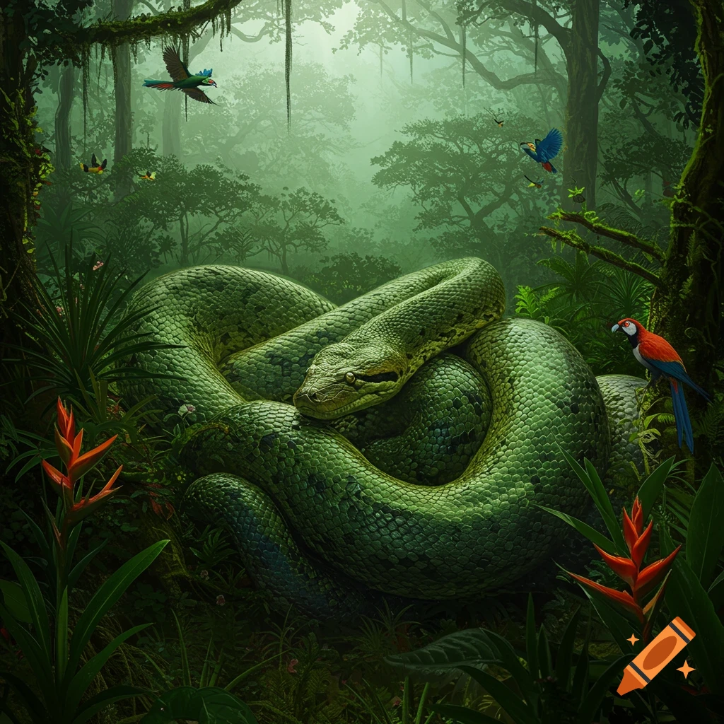 A large green anaconda is coiled on the floor of a misty, lush tropical jungle with colorful birds and dense foliage.