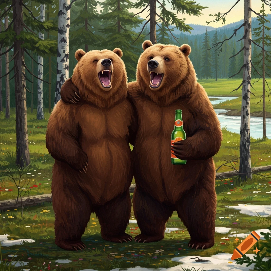 Two happy, brown, anthropomorphic bears stand in a forest, one hugging the other, who holds a green bottle. Painterly style.