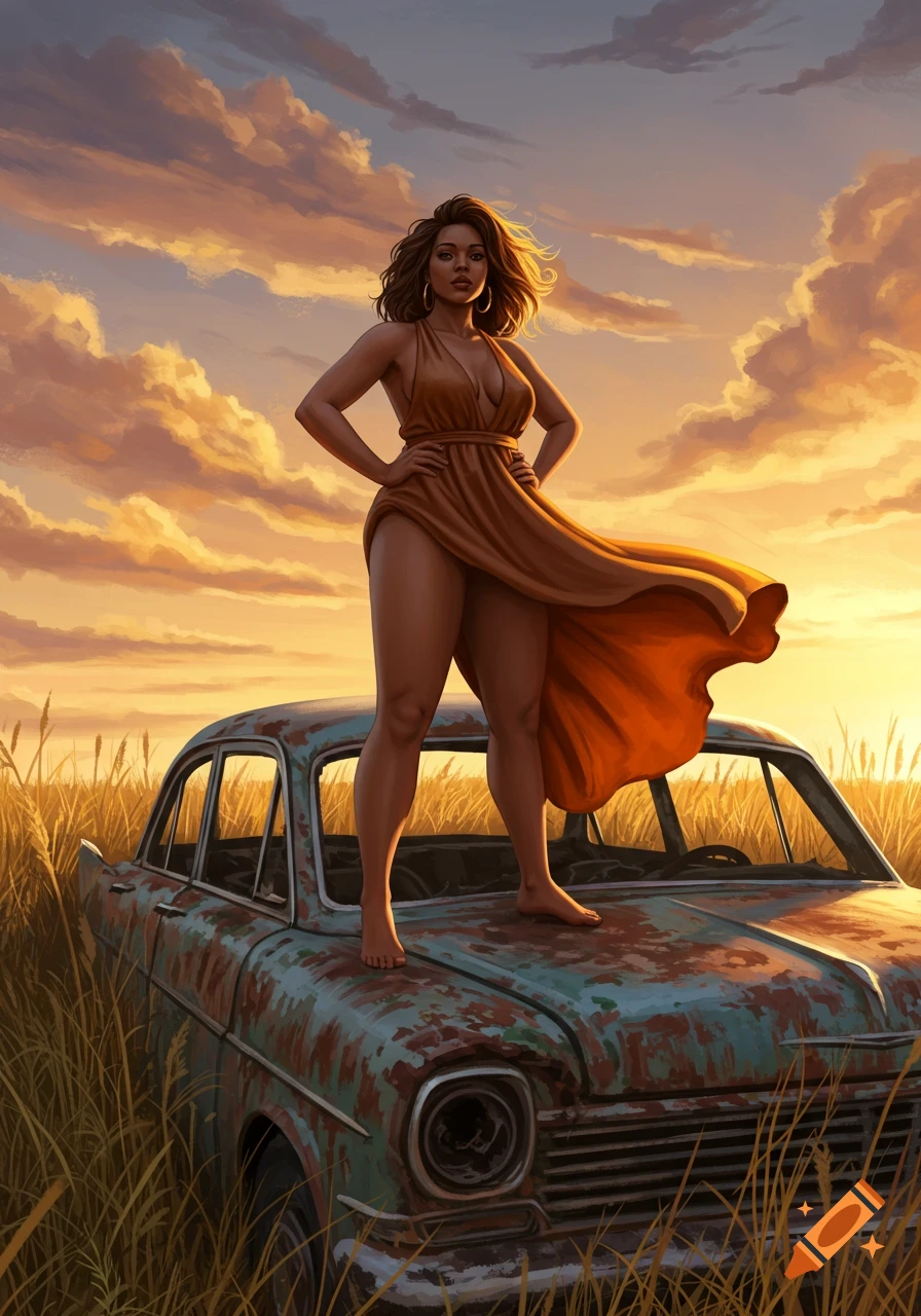 Illustration of a woman in a flowing dress standing on a rusty car in a field at sunset.