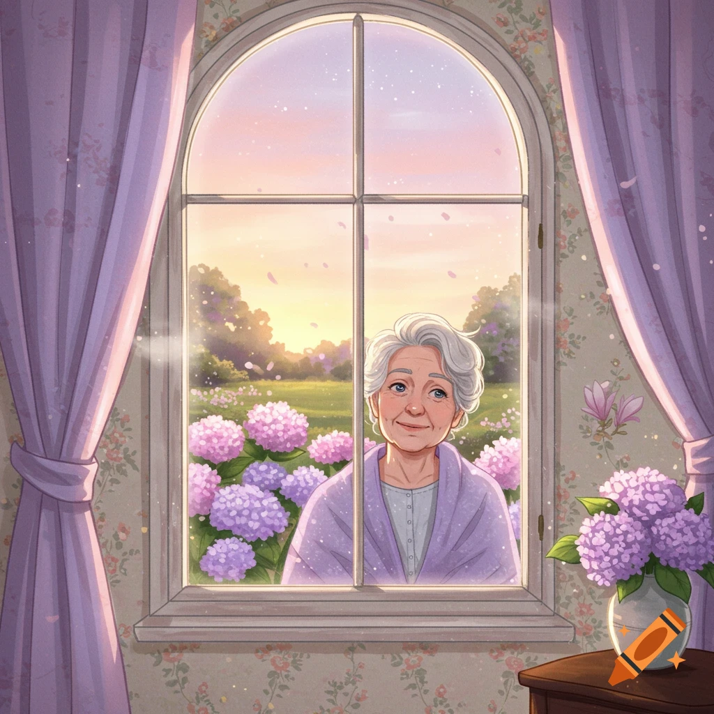 An elderly woman with white hair gazes out an arched window at a sunny garden filled with purple hydrangeas and a pink sky in a soft illustration.