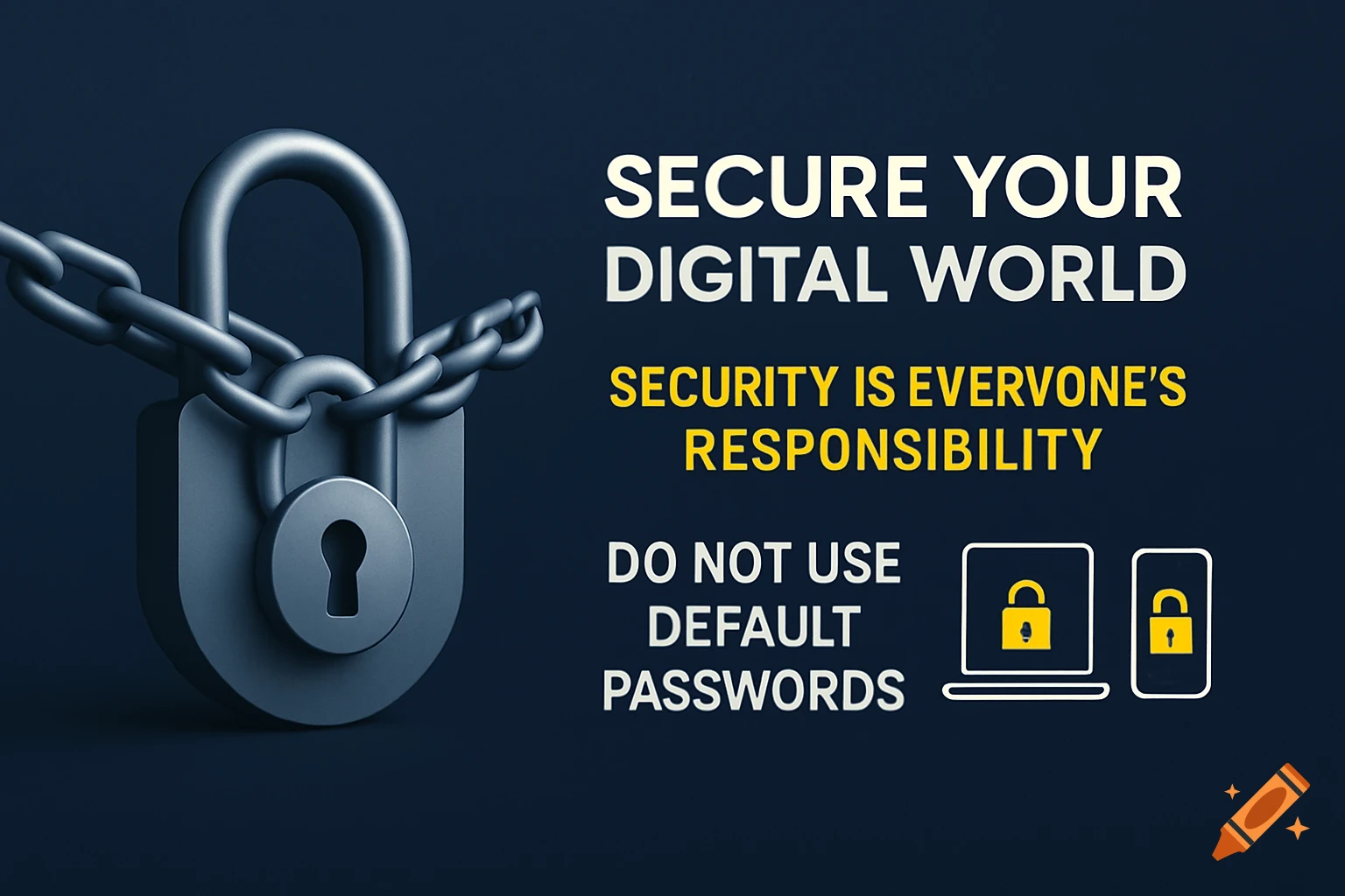 A 3D padlock and chain with text 'Secure Your Digital World' and icons of a locked laptop and phone, representing cybersecurity.