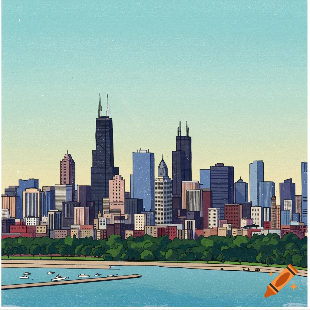 A stylized illustration of the Chicago skyline featuring prominent skyscrapers, green trees, and boats on a blue lake.