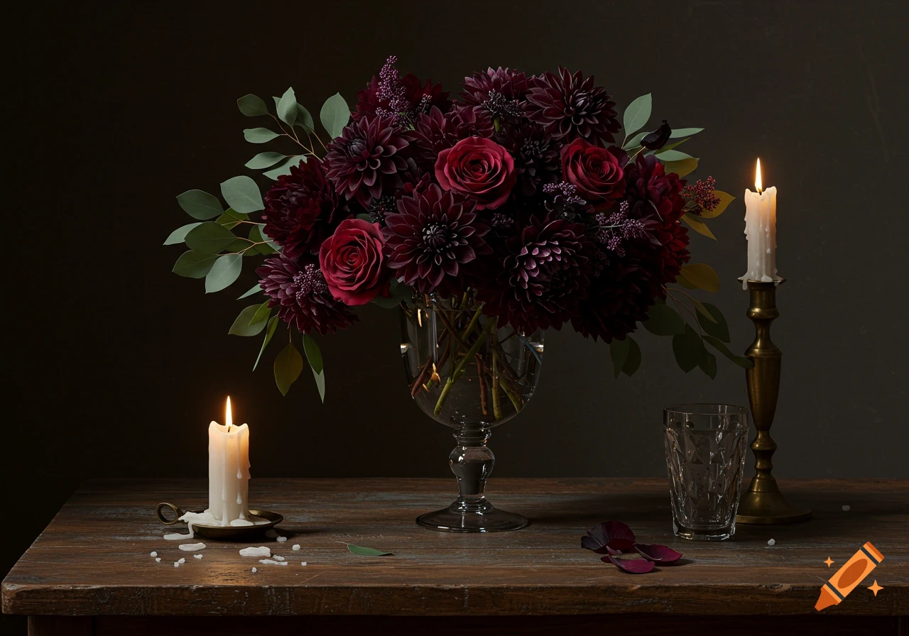 A dark still life featuring a lush bouquet of deep red roses and dahlias in a glass vase, flanked by two lit candles on a wooden table.