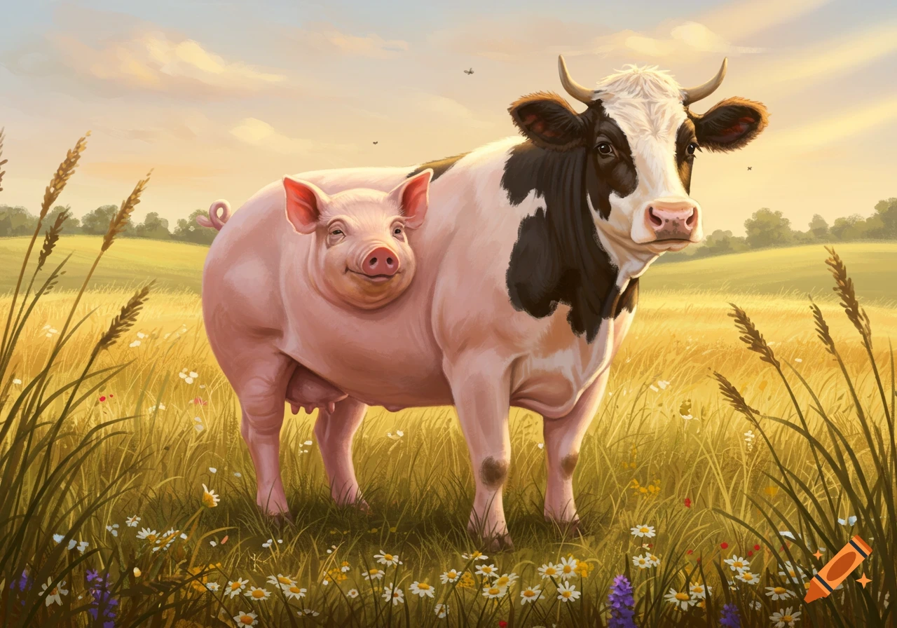 A surreal pig-cow hybrid with a pig's head and udders, and a cow's body and horns, stands in a sunny, grassy field with wildflowers.