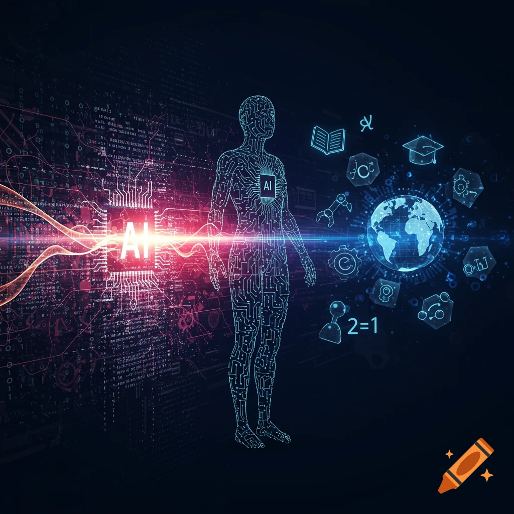 A glowing circuit-patterned human figure and an AI chip surrounded by data streams, a globe, and educational icons.