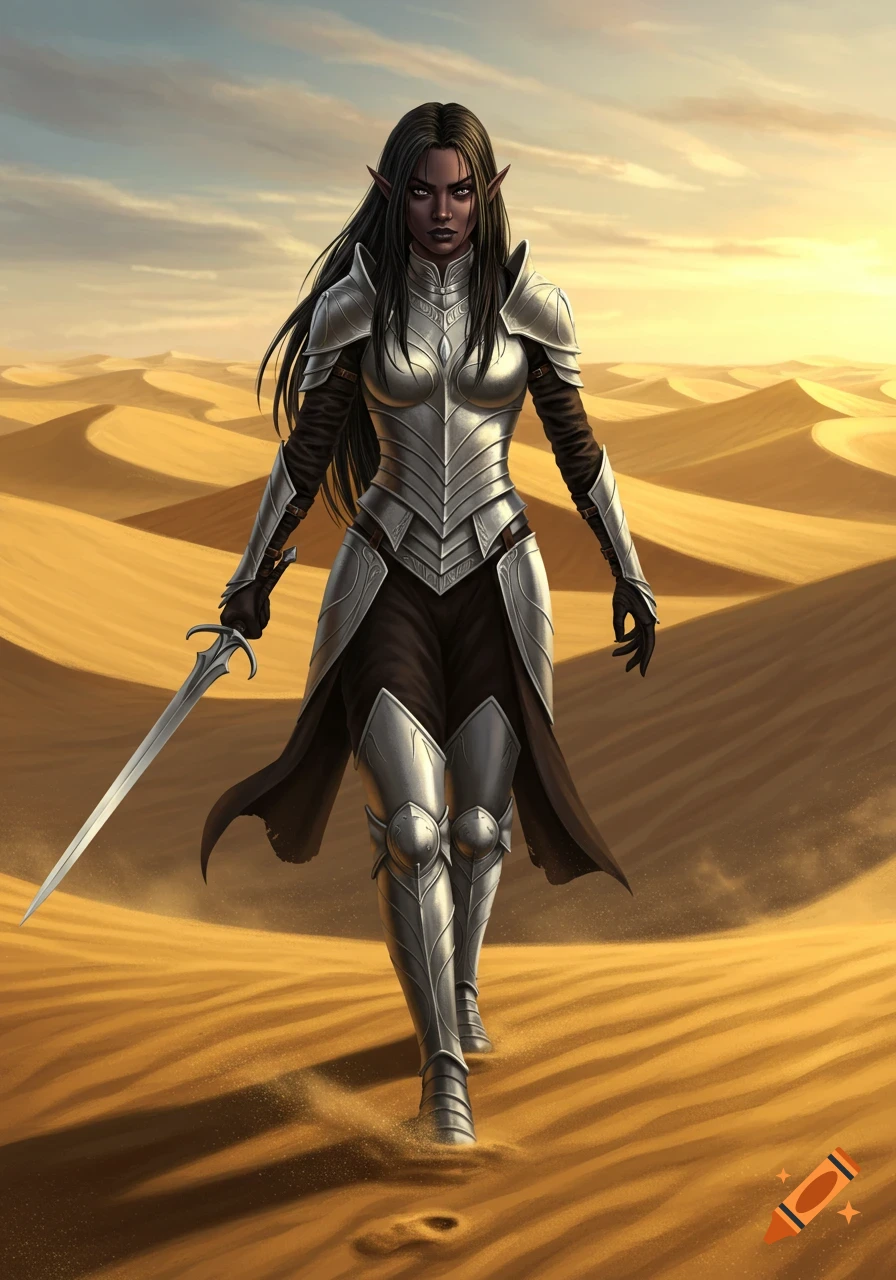 A black-skinned elf woman warrior with long black hair, wearing detailed silver armor, walks through a vast desert at sunset, holding a sword.