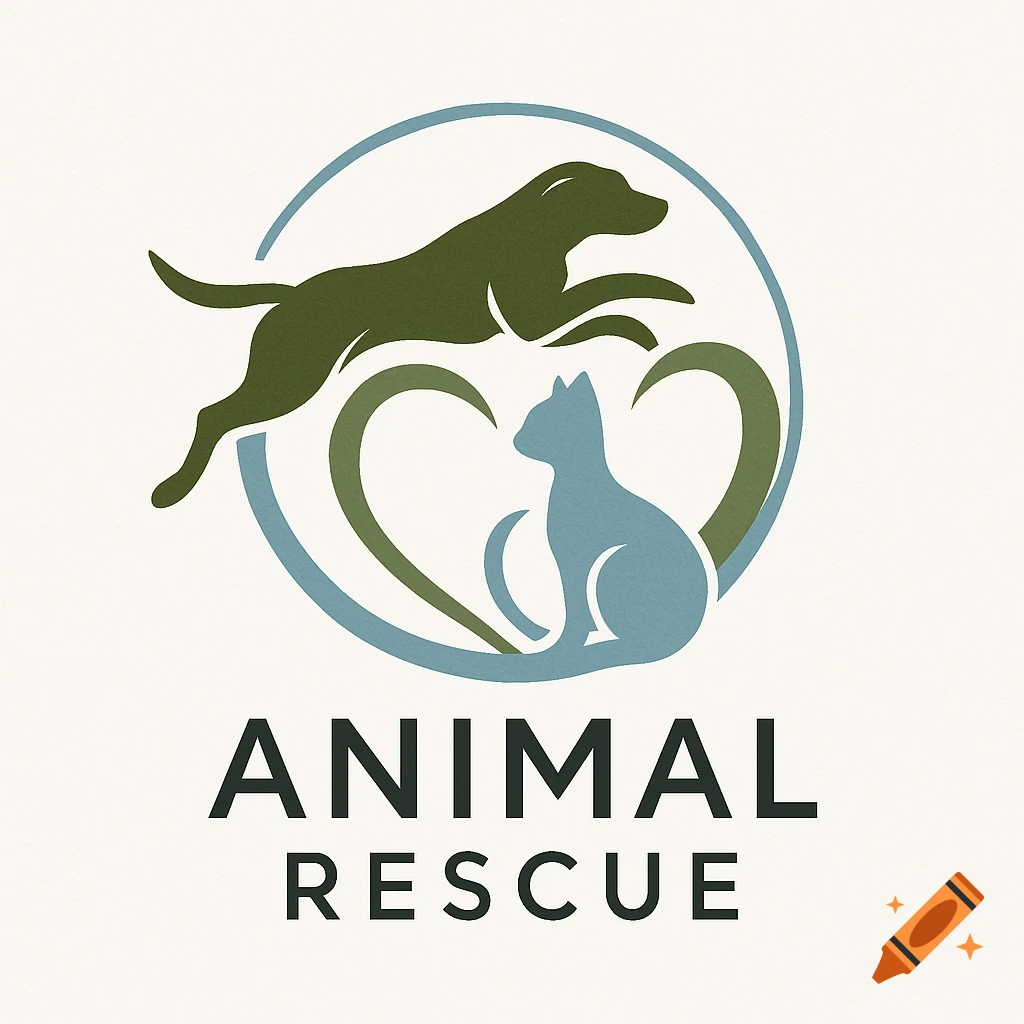 A logo for an animal rescue, featuring a green dog jumping over a blue cat within a circular design with heart shapes, and the text 'ANIMAL RESCUE'.