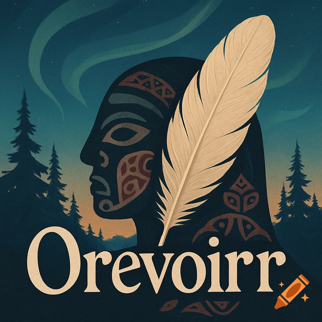 Stylized illustration of a profile head with patterns, a large feather, pine trees, and aurora borealis. Text: Orevoirr.