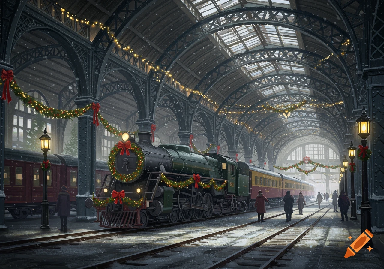 A Christmas-decorated steam train in a snowy, ornate train station with passengers.