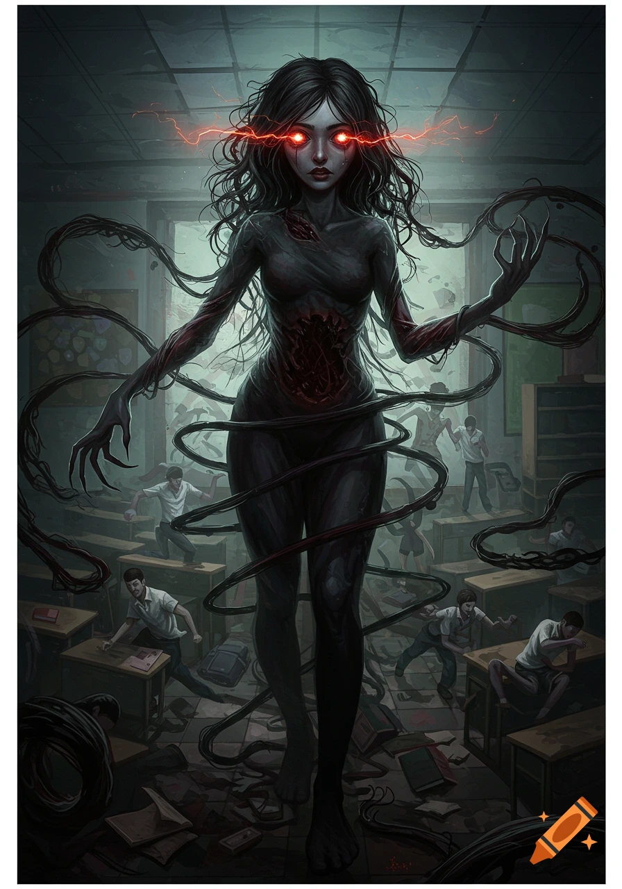 A monstrous woman with glowing red eyes and dark tendrils stands in a chaotic classroom filled with terrified students.