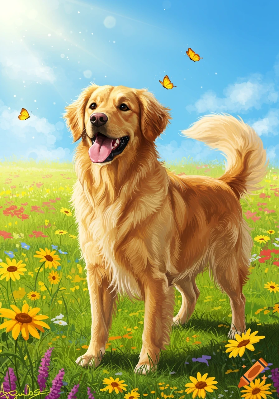A happy golden retriever stands in a vibrant field of colorful wildflowers under a sunny blue sky with butterflies.