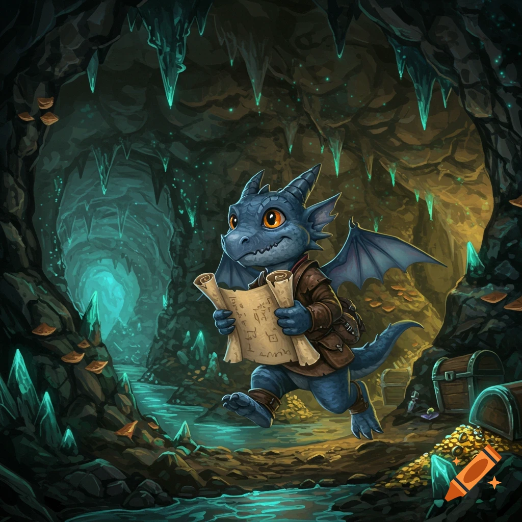 A cute blue dragon in adventurer clothes holds a map, exploring a glowing treasure-filled cave with a stream.