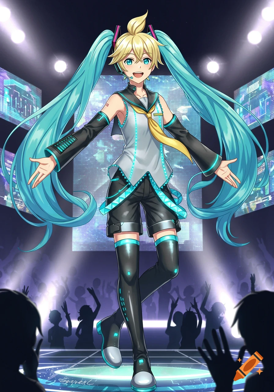Anime character resembling Kagamine Len with long teal twin-tails performs on a bright concert stage, surrounded by digital screens and silhouetted fans.