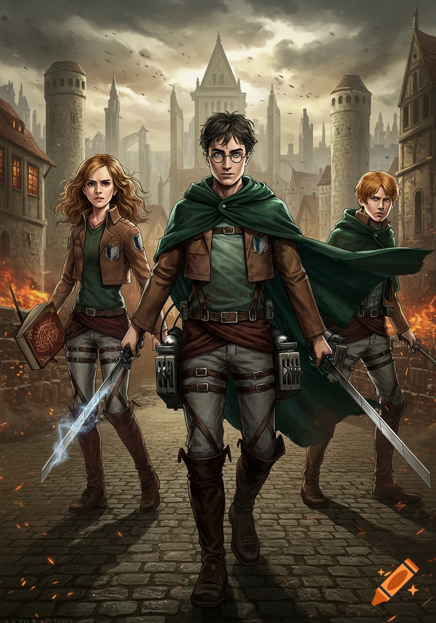 Harry, Hermione, and Ron in Attack on Titan Survey Corps uniforms with swords walk through a war-torn fantasy city.