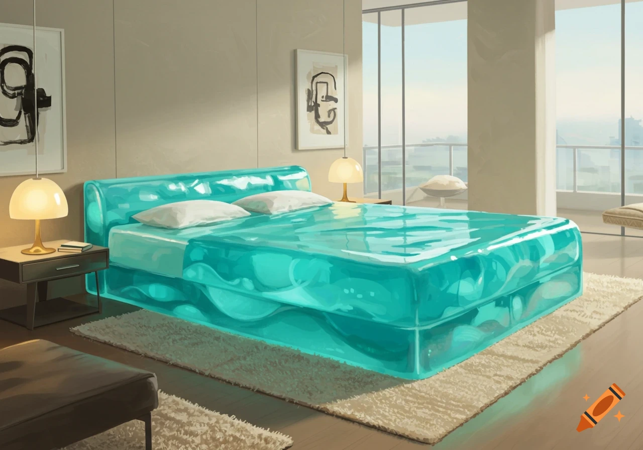 A modern bedroom with a translucent blue jelly bed, white pillows, nightstands with lamps, and large windows overlooking a city.