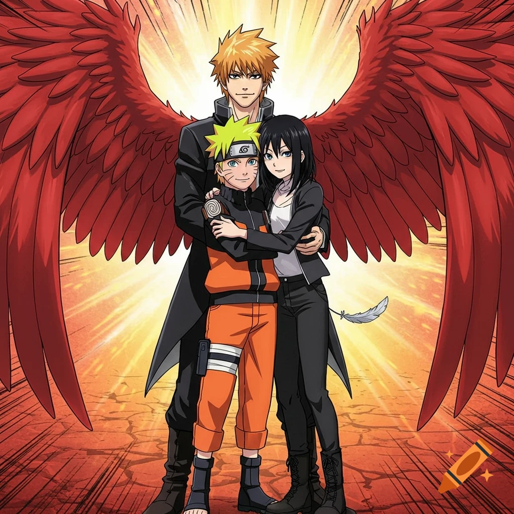 Anime-style illustration of Ichigo Kurosaki with large red wings, standing with Naruto Uzumaki and a black-haired woman embracing them, against a glowing background.