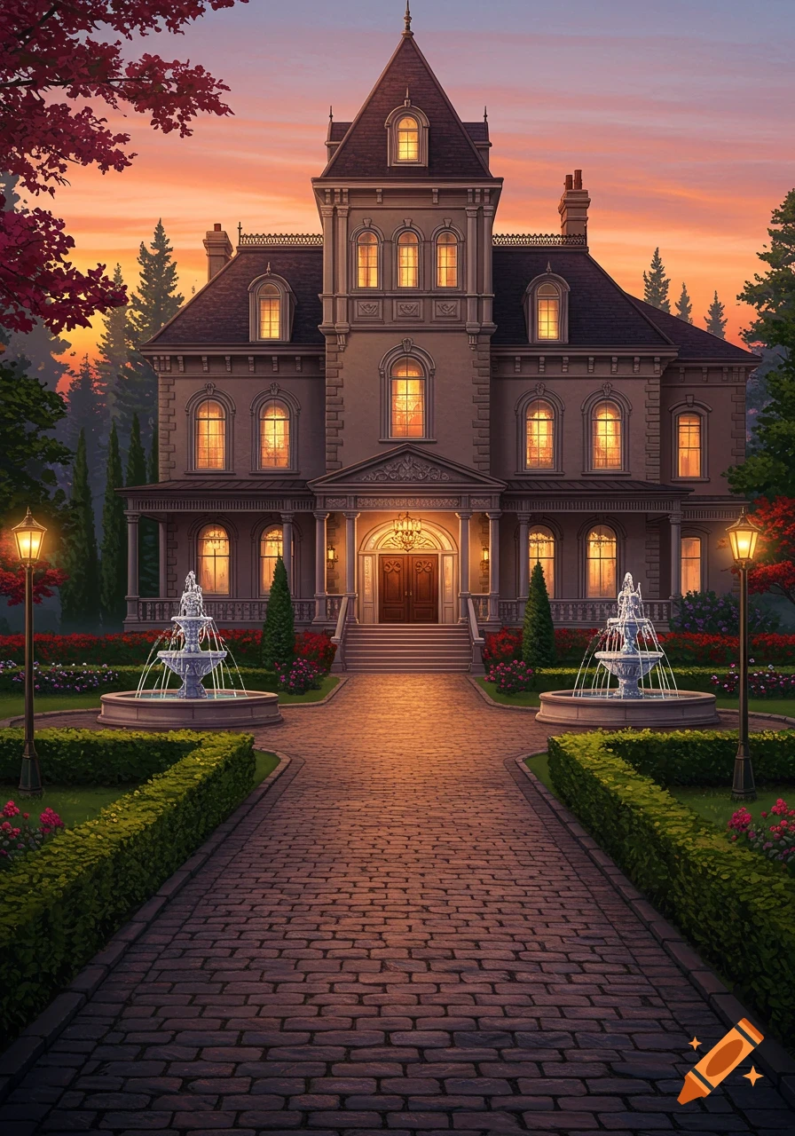 A grand mansion with illuminated windows, twin fountains, and a cobbled path leading through a manicured garden at sunset.