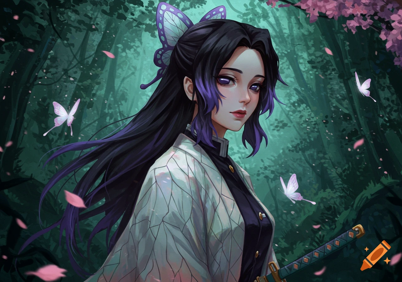 Anime girl with black and purple hair and butterfly accessory in a forest, surrounded by pink petals and white butterflies.
